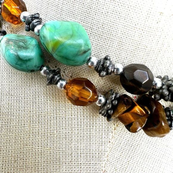 Turquoise and tiger eye long beaded necklace - Picture 6 of 7